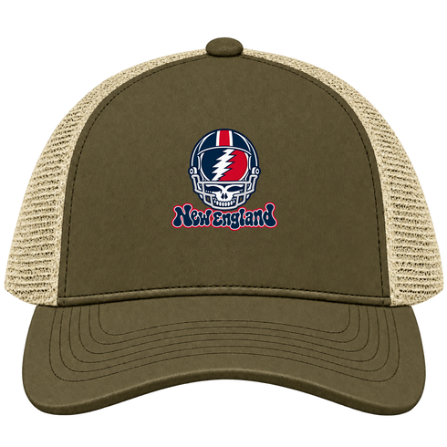 New England Helmet Stealie Premium Unisex Trucker Cap — New England Patriots — Moss/Khaki
