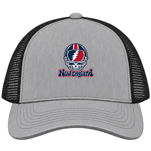 New England Helmet Stealie Premium Unisex Trucker Cap — New England Patriots — Heather Grey/Black