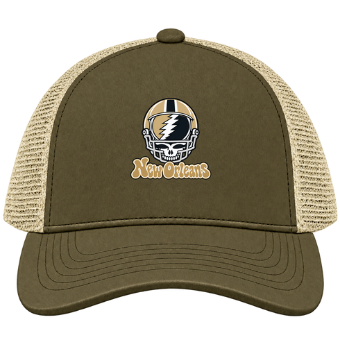 New Orleans Helmet Stealie Premium Unisex Trucker Cap — New Orleans Saints — Moss/Khaki