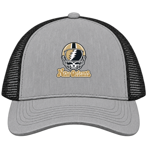 New Orleans Helmet Stealie Premium Unisex Trucker Cap — New Orleans Saints — Heather Grey/Black