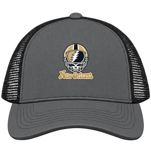 New Orleans Helmet Stealie Premium Unisex Trucker Cap — New Orleans Saints — Charcoal/Black
