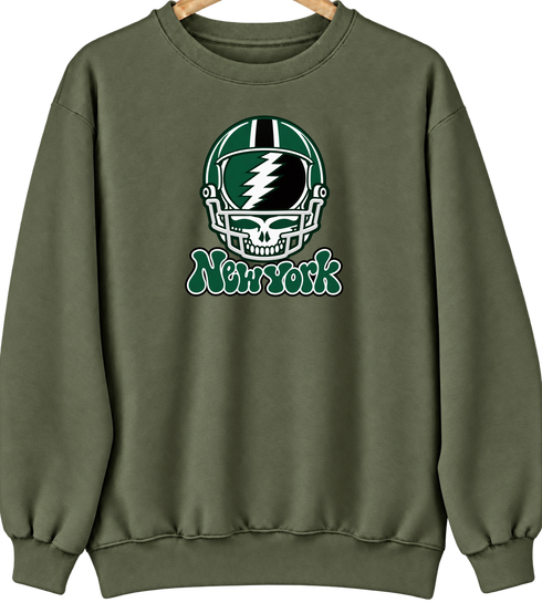 New York Helmet Stealie Premium Unisex Crewneck — New York Jets — Military Green
