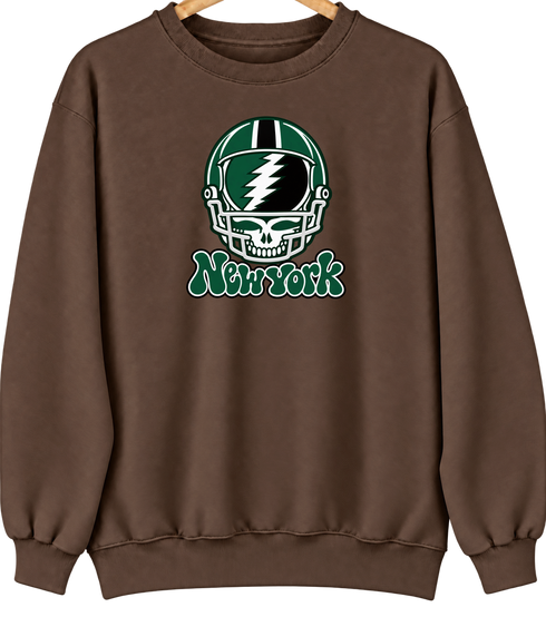 New York Helmet Stealie Premium Unisex Crewneck — New York Jets — Brown