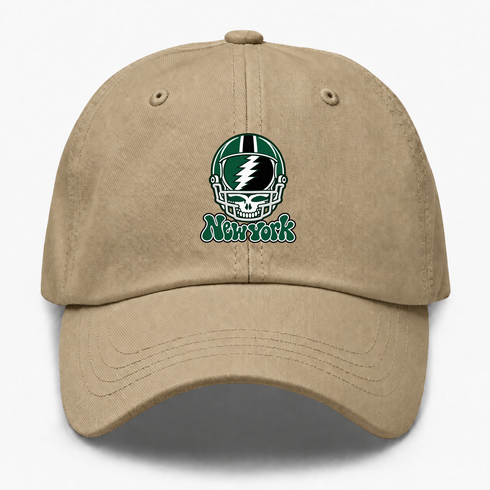 New York Helmet Stealie Premium Unisex Dad Hat — New York Jets — Khaki