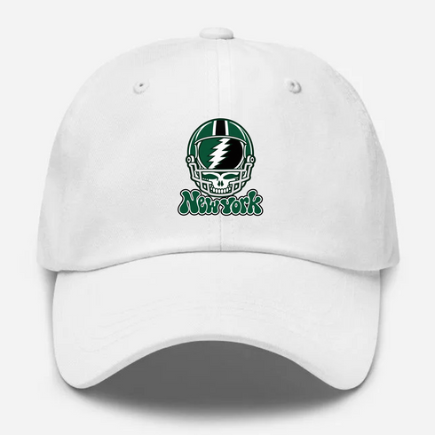 New York Helmet Stealie Premium Unisex Dad Hat — New York Jets — White