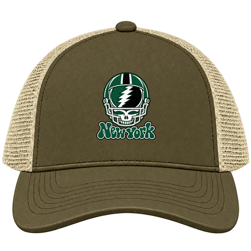New York Helmet Stealie Premium Unisex Trucker Cap — New York Jets — Moss/Khaki