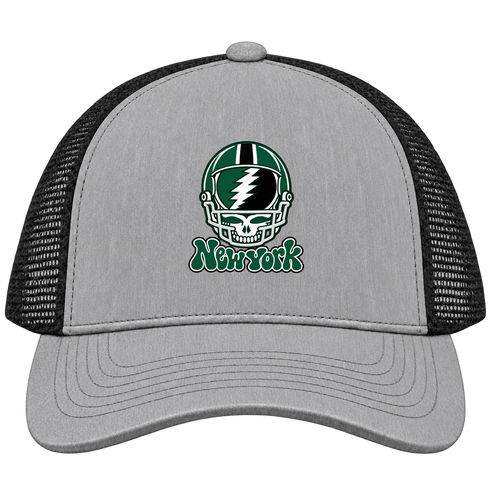 New York Helmet Stealie Premium Unisex Trucker Cap — New York Jets — Heather Grey/Black