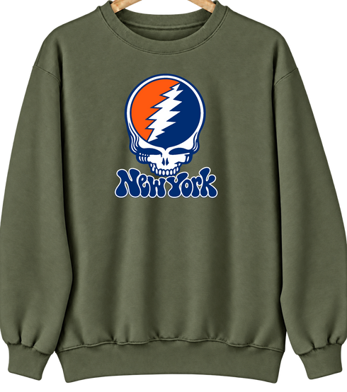New York Baseball Stealie Grateful Dead Crewneck — New York Mets — Military Green