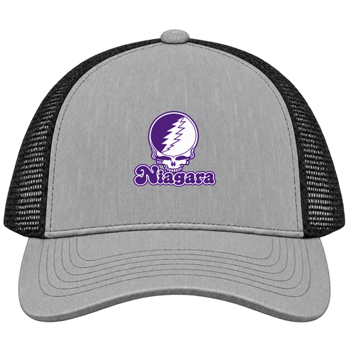 Niagara Stealie Premium Unisex Trucker Cap — Design: Niagara University — Heather Grey/Black