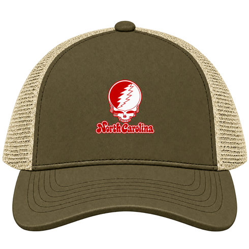 North Carolina Stealie Premium Unisex Trucker Cap — Design: North Carolina State University — Moss/Khaki