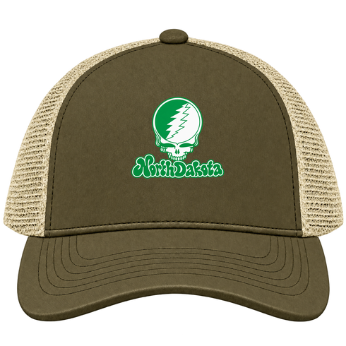 North Dakota Stealie Premium Unisex Trucker Cap — Design: North Dakota University of — Moss/Khaki