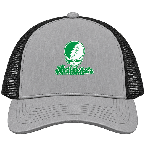 North Dakota Stealie Premium Unisex Trucker Cap — Design: North Dakota University of — Heather Grey/Black
