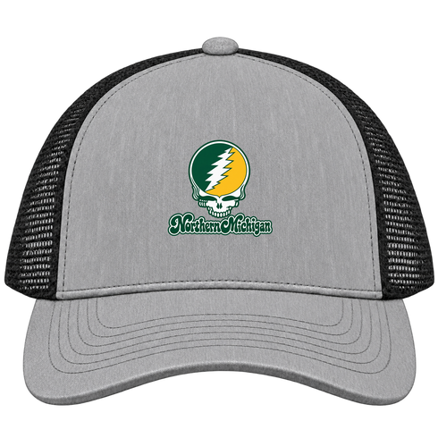Northern Michigan Stealie Premium Unisex Trucker Cap — Design: Northern Michigan University — Heather Grey/Black