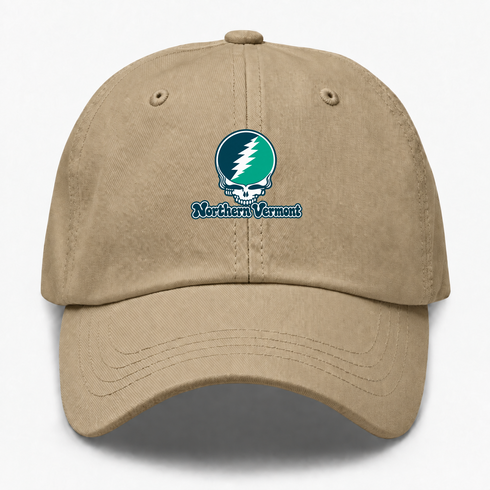 Northern Vermont Stealie Premium Unisex Dad Hat — Design: Northern Vermont University — Khaki