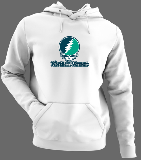 Northern Vermont Stealie Premium Unisex Hoodie — Design: Northern Vermont University — White/Grey