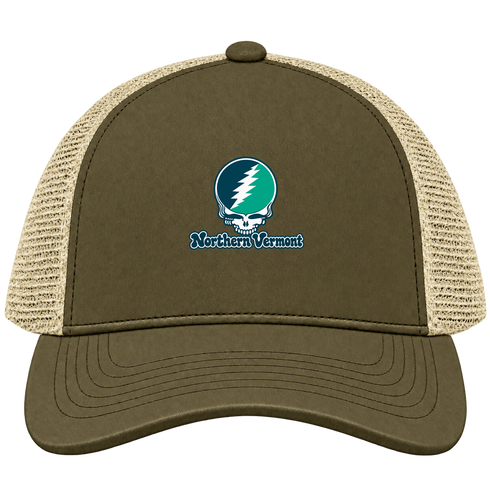 Northern Vermont Stealie Premium Unisex Trucker Cap — Design: Northern Vermont University — Moss/Khaki