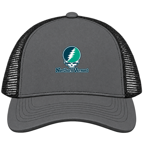Northern Vermont Stealie Premium Unisex Trucker Cap — Design: Northern Vermont University — Charcoal/Black