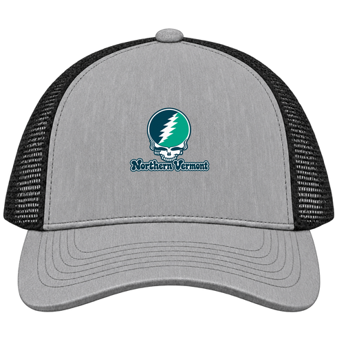 Northern Vermont Stealie Premium Unisex Trucker Cap — Design: Northern Vermont University — Heather Grey/Black
