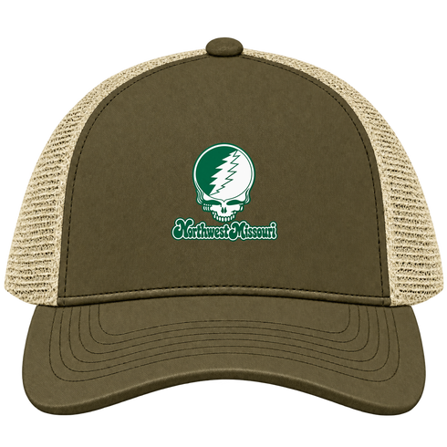 Northwest Missouri Stealie Premium Unisex Trucker Cap — Design: Northwest Missouri State University — Moss/Khaki