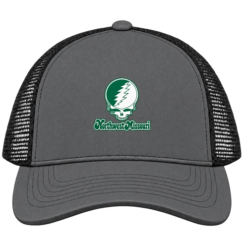 Northwest Missouri Stealie Premium Unisex Trucker Cap — Design: Northwest Missouri State University — Charcoal/Black