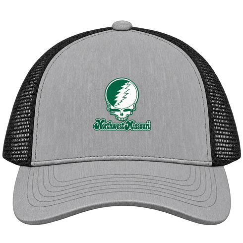 Northwest Missouri Stealie Premium Unisex Trucker Cap — Design: Northwest Missouri State University — Heather Grey/Black