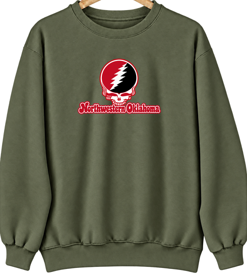 Northwestern Oklahoma Stealie Premium Unisex Crewneck — Design: Northwestern Oklahoma State University — Military Green