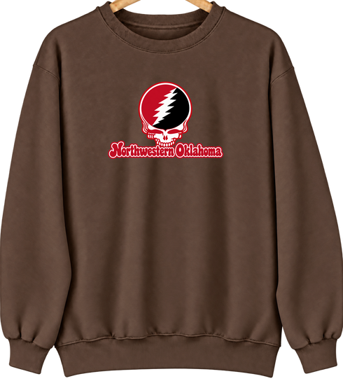 Northwestern Oklahoma Stealie Premium Unisex Crewneck — Design: Northwestern Oklahoma State University — Brown