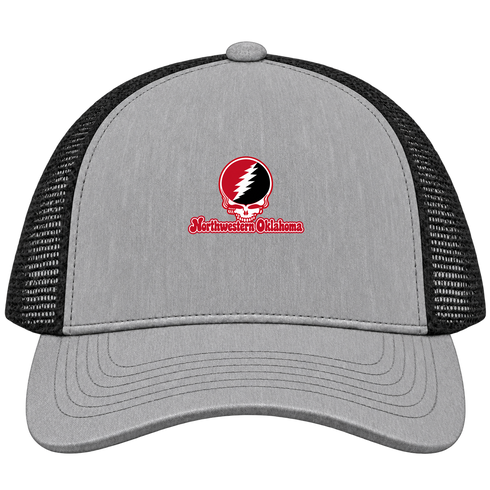 Northwestern Oklahoma Stealie Premium Unisex Trucker Cap — Design: Northwestern Oklahoma State University — Heather Grey/Black