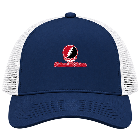 Northwestern Oklahoma Stealie Premium Unisex Trucker Cap — Design: Northwestern Oklahoma State University — Navy/White
