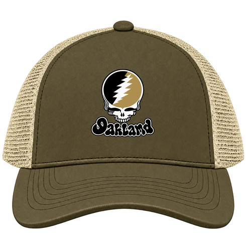 Oakland Stealie Premium Unisex Trucker Cap — Design: Oakland University — Moss/Khaki