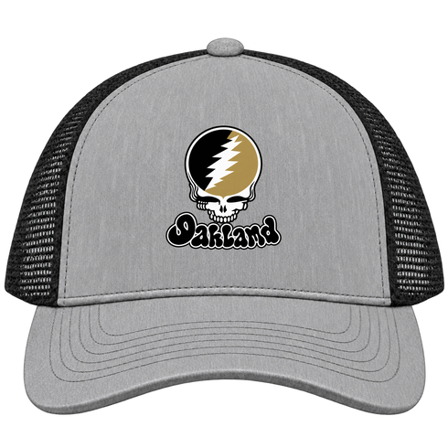 Oakland Stealie Premium Unisex Trucker Cap — Design: Oakland University — Heather Grey/Black
