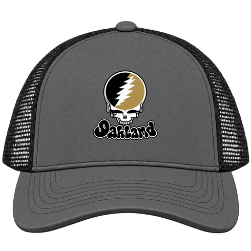 Oakland Stealie Premium Unisex Trucker Cap — Design: Oakland University — Charcoal/Black