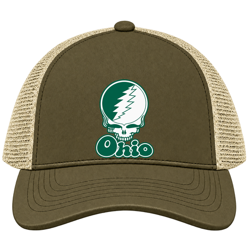 Ohio Stealie Premium Unisex Trucker Cap — Design: Ohio University — Moss/Khaki