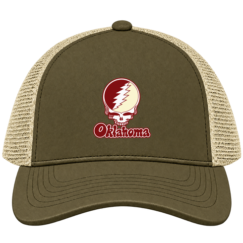 Oklahoma Stealie Premium Unisex Trucker Cap — Design: Oklahoma University of — Moss/Khaki