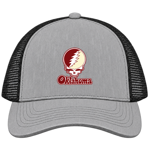 Oklahoma Stealie Premium Unisex Trucker Cap — Design: Oklahoma University of — Heather Grey/Black