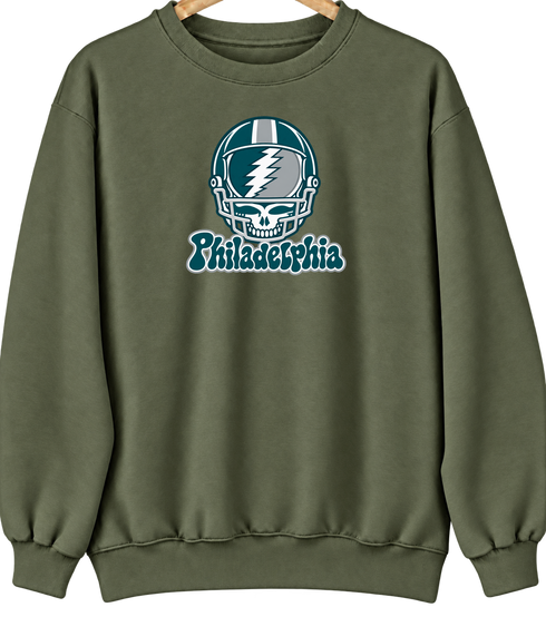 Philadelphia Helmet Stealie Premium Unisex Crewneck — Philadelphia Eagles — Military Green