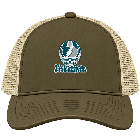 Philadelphia Helmet Stealie Premium Unisex Trucker Cap — Philadelphia Eagles — Moss/Khaki