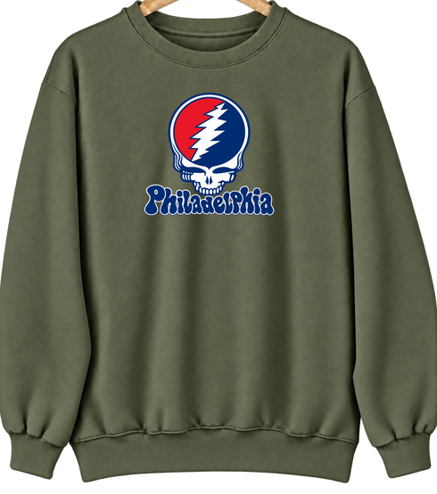 Philadelphia Baseball Stealie Grateful Dead Crewneck — Philadelphia Phillies — Military Green
