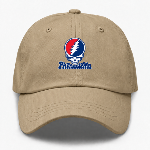 Philadelphia Baseball Stealie Grateful Dead Dad Hat — Philadelphia Phillies — Khaki