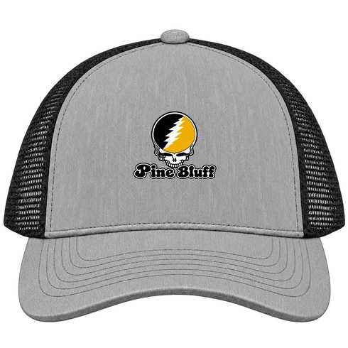 Pine Bluff Stealie Premium Unisex Trucker Cap — Design: Arkansas at Pine Bluff University of — Heather Grey/Black