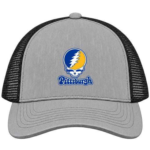 Pittsburgh Stealie Premium Unisex Trucker Cap — Design: Pittsburgh University of — Heather Grey/Black