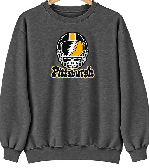 Pittsburgh Helmet Stealie Premium Unisex Crewneck — Pittsburgh Steelers — Dark Heather