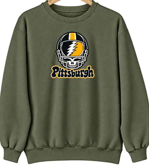 Pittsburgh Helmet Stealie Premium Unisex Crewneck — Pittsburgh Steelers — Military Green