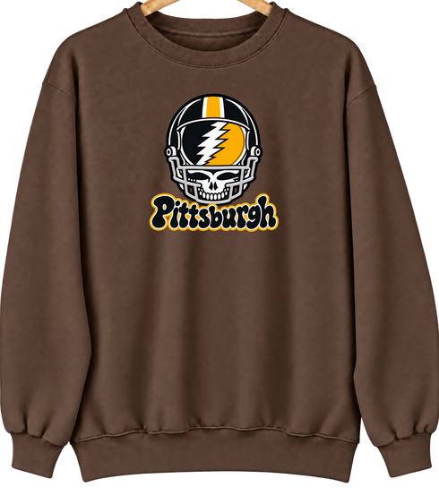 Pittsburgh Helmet Stealie Premium Unisex Crewneck — Pittsburgh Steelers — Brown