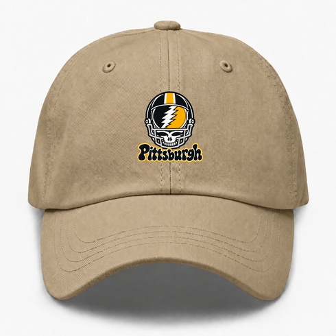 Pittsburgh Helmet Stealie Premium Unisex Dad Hat — Pittsburgh Steelers — Khaki
