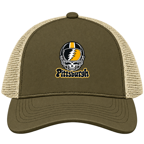 Pittsburgh Helmet Stealie Premium Unisex Trucker Cap — Pittsburgh Steelers — Moss/Khaki