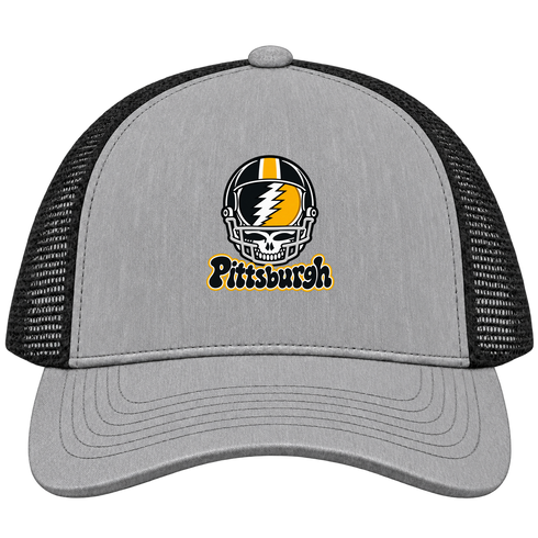 Pittsburgh Helmet Stealie Premium Unisex Trucker Cap — Pittsburgh Steelers — Heather Grey/Black