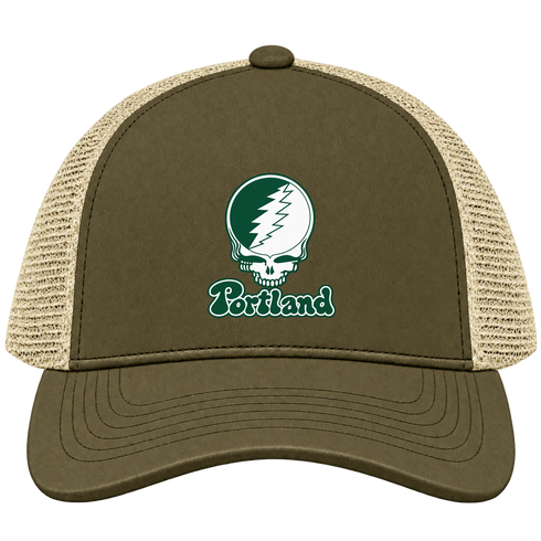 Portland Stealie Premium Unisex Trucker Cap — Design: Portland State University — Moss/Khaki
