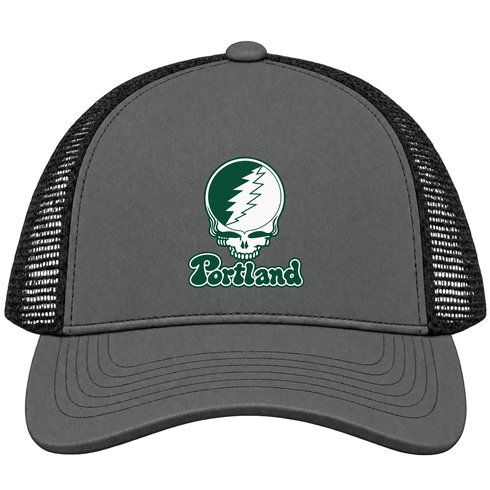 Portland Stealie Premium Unisex Trucker Cap — Design: Portland State University — Charcoal/Black