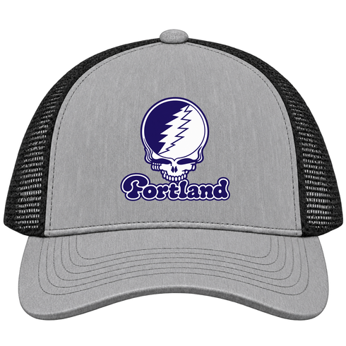 Portland Stealie Premium Unisex Trucker Cap — Design: Portland University of — Heather Grey/Black